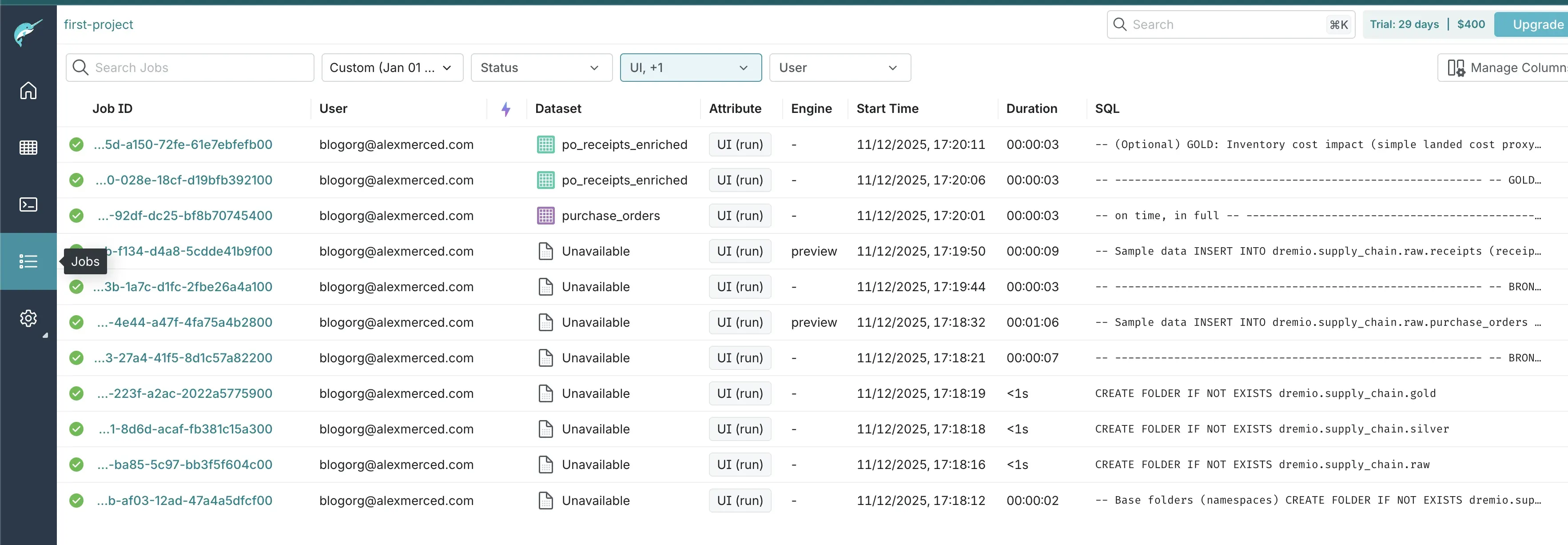 Dremio Job Pane
