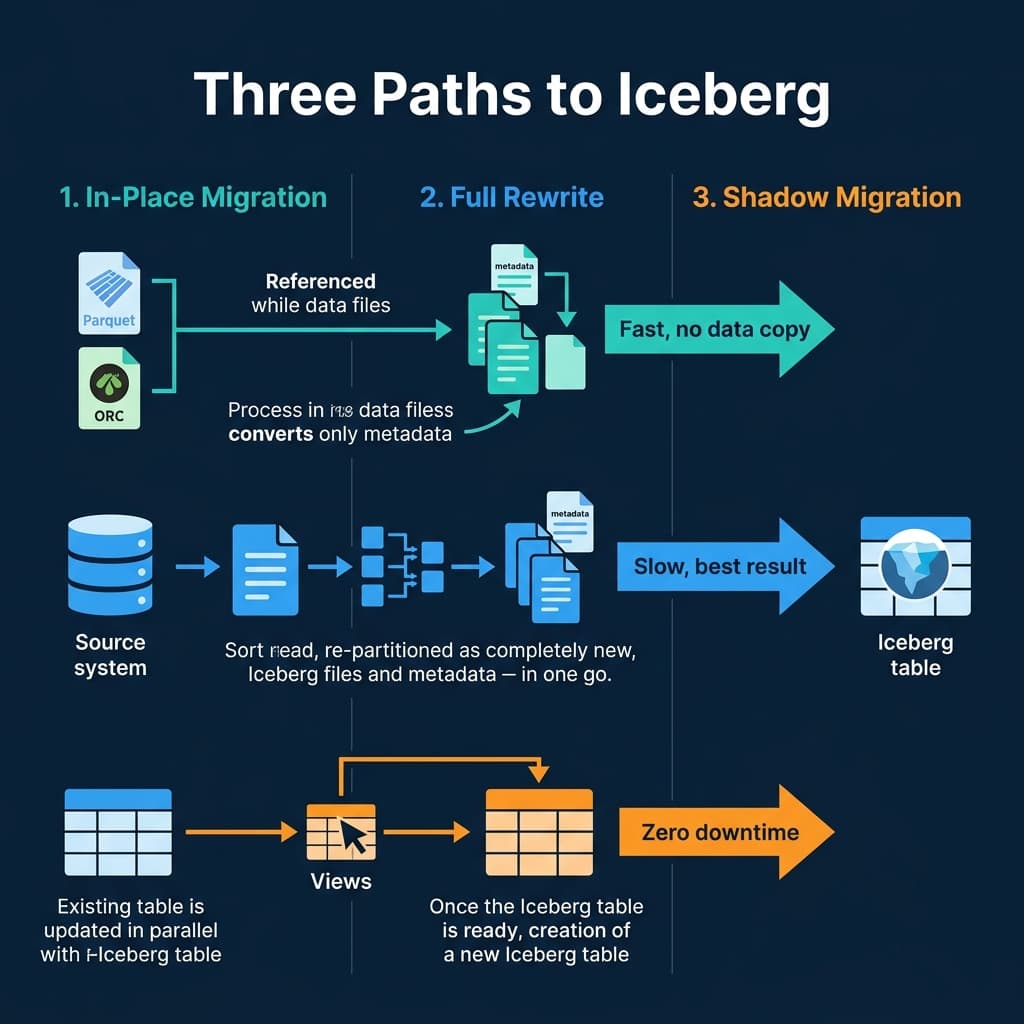 Three paths to Iceberg: in-place migration, full rewrite, and shadow migration