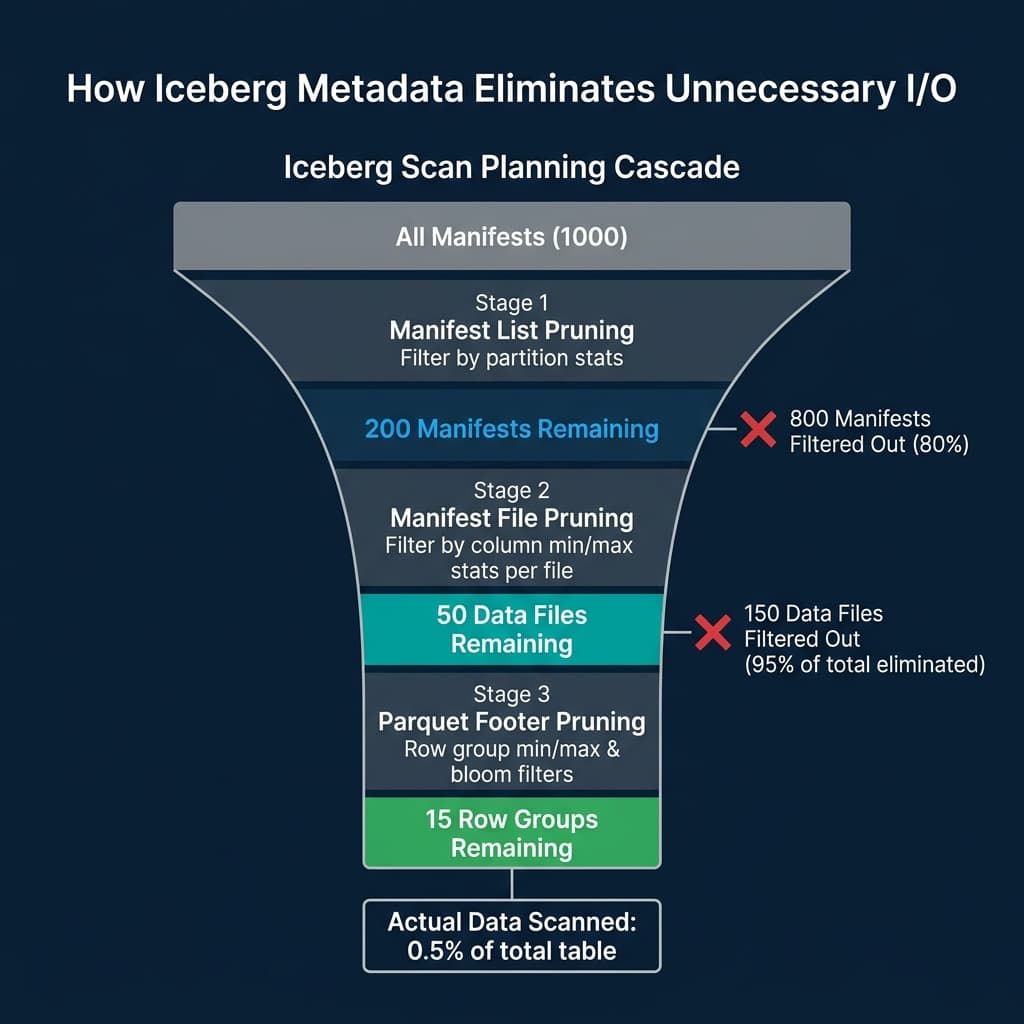 Iceberg scan planning cascade showing how metadata progressively eliminates files at each stage