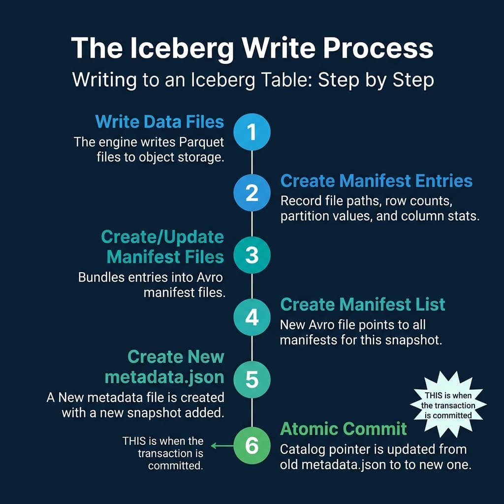 The Iceberg write process from data file creation through the atomic catalog pointer swap