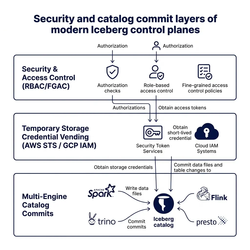Stack diagram showing the security and catalog commit layers of modern Iceberg control planes including RBAC, credential vending, and multi-engine commits